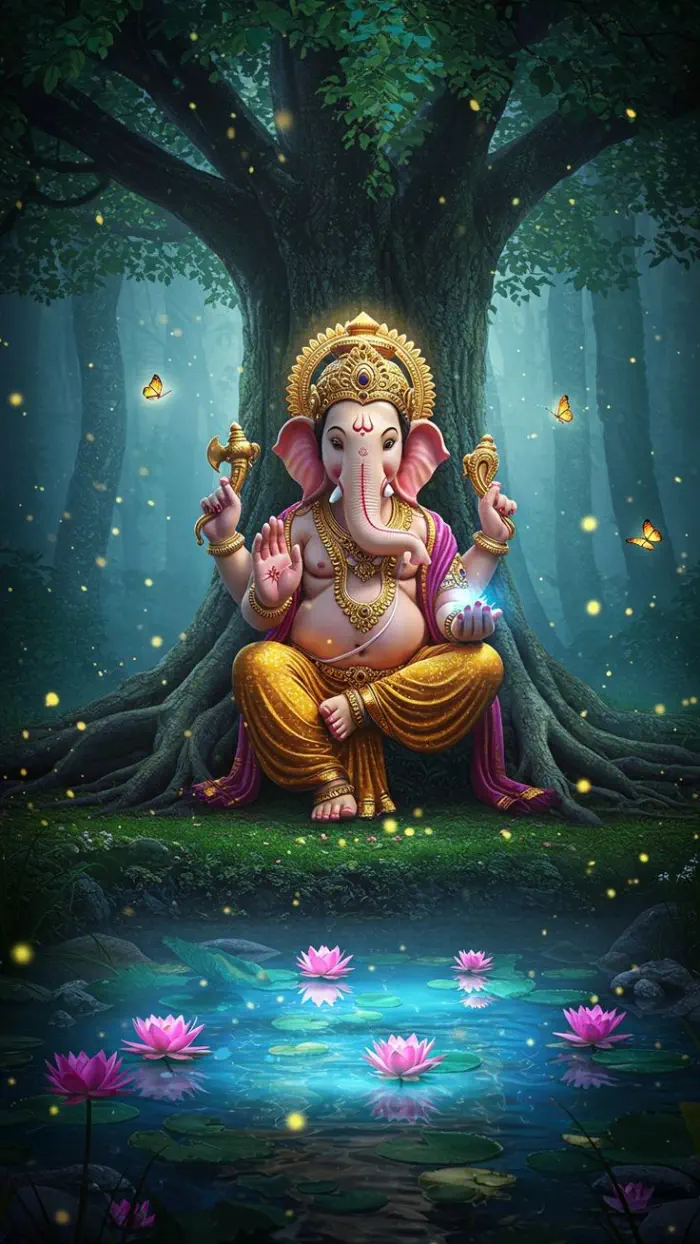 ภาพพื้นหลังพระพิฆเนศประทับนั่งใต้ต้นไม้ใหญ่ในป่าลึกลับ รายล้อมด้วยแสงหิ่งห้อยและผีเสื้อ มีสระน้ำดอกบัวสีชมพูด้านหน้า ให้บรรยากาศสงบ ศักดิ์สิทธิ์ และเปี่ยมพลังแห่งปัญญาและความสำเร็จ